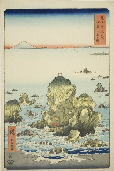 Baia di Futami nella provincia di Ise (Ise Futamigaura), dalla serie "Trentasei vedute del Monte Fuji (Fuji sanjurokkei)" da Utagawa Hiroshige
