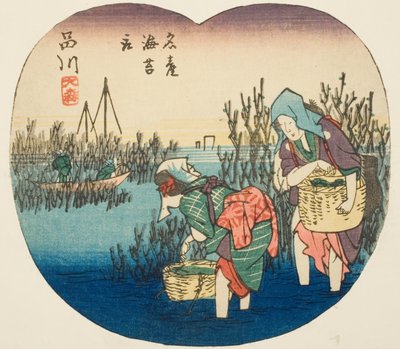 Raccolta di Alghe a Omori in Shinagawa (Shinagawa, Omori, meisan nori tori), sezione del foglio n. 1 dalla serie "Immagini Ritagliate della Strada Tokaido (Tokaido harimaze zue)" da Utagawa Hiroshige