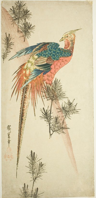 Fagiano dorato e germogli di pino nella neve da Utagawa Hiroshige