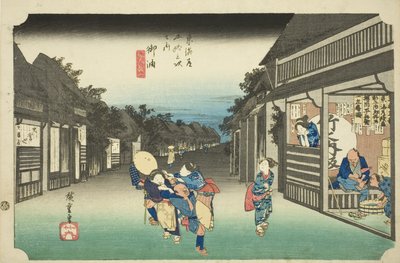 Goyu: Donne che fermano i viaggiatori (Goyu, tabibito tomeru onna), dalla serie "Le cinquantatré stazioni del Tokaido (Tokaido gojusan tsugi no uchi)", anche conosciuta come Hoeido Tokaido da Utagawa Hiroshige