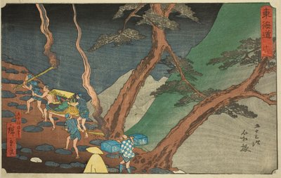 Hakone: Viaggio con torce di pino nella notte—No. 11, dalla serie "Le cinquantatré stazioni del Tokaido," conosciuta anche come il Tokaido Reisho da Utagawa Hiroshige