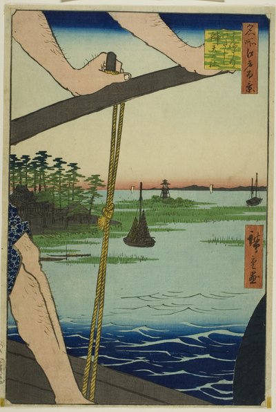 Traghetto di Haneda e santuario di Benten (Haneda no watashi Benten no yashiro), dalla serie "Cento vedute famose di Edo (Meisho Edo hyakkei)". da Utagawa Hiroshige