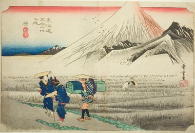 Hara: Monte Fuji al mattino (Hara, asa no Fuji), dalla serie "Cinquantaquattro stazioni della strada Tokaido (Tokaido gojusan tsugi no uchi)", anche conosciuta come la Tokaido Hoeido da Utagawa Hiroshige
