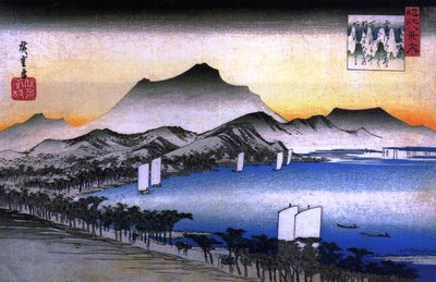 Hiroshige Una strada accanto a un lago con alcune imbarcazioni da Utagawa Hiroshige