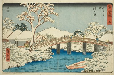 Hodogaya: Fiume Katabira e Ponte Katabira (Hodogaya, Katabiragawa Katabirabashi)—N. 5, dalla serie "Cinquantaquattro stazioni del Tokaido (Tokaido gojusan tsugi)," noto anche come il Tokaido Reisho da Utagawa Hiroshige