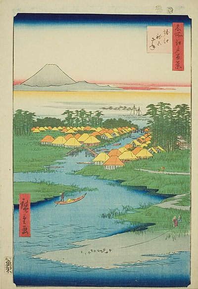 Horie e Nekozane (Horie Nekozane), n. 96 della serie "Cento vedute famose di Edo (Meisho Edo hyakkei)". da Utagawa Hiroshige
