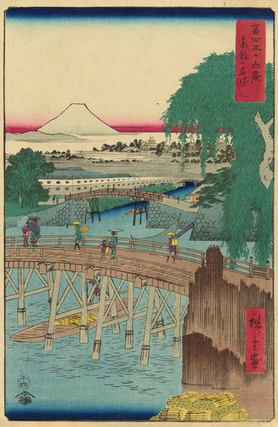 Ponte Ichikoku nella capitale orientale (Toto Ichikokubashi), dalla serie "Trentasei vedute del Monte Fuji (Fuji sanjurokkei)" da Utagawa Hiroshige