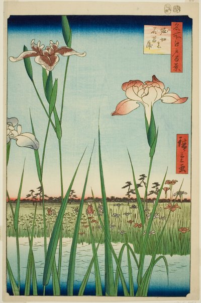 Iris a Horikiri (Horikiri no hanashobu), dalla serie "Cento vedute famose di Edo (Meisho Edo hyakkei)" da Utagawa Hiroshige