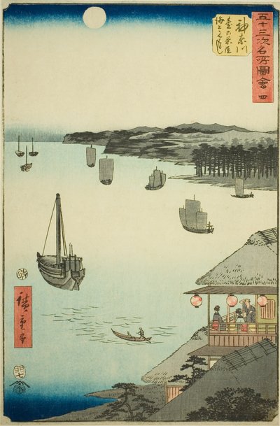 Kanagawa: Veduta sul mare dalle case da tè sulla collina, n. 4 dalla serie "Vedute famose delle cinquantatré stazioni", anche conosciuta come il Tokaido verticale da Utagawa Hiroshige