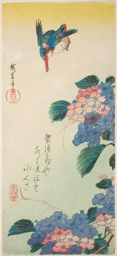 Martin pescatore e ortensia da Utagawa Hiroshige