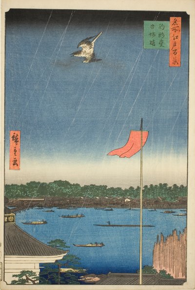 Komagata Hall e Ponte Azuma (Komagatado Azumabashi), dalla serie "Cento famose vedute di Edo (Meisho Edo hyakkei)" da Utagawa Hiroshige