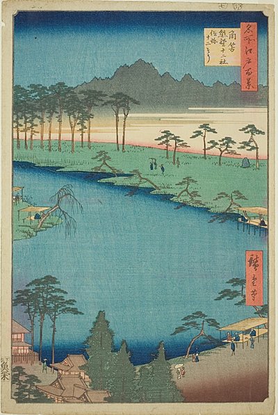 Santuario di Kumano Junisha a Tsunohazu, noto come "Juniso" (Tsunohazu Kumano Junisha zokusho Juniso), n. 50 della serie "Cento vedute famose di Edo (Meisho Edo hyakkei)". da Utagawa Hiroshige