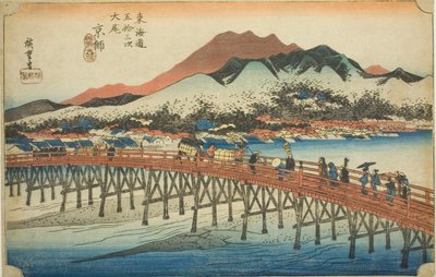 Kyoto: Il grande ponte di Sanjo (Keishi, Sanjo ohashi), dalla serie "Le cinquantatré stazioni del Tokaido (Tokaido gojusan tsugi no uchi)", noto anche come Hoeido Tokaido da Utagawa Hiroshige