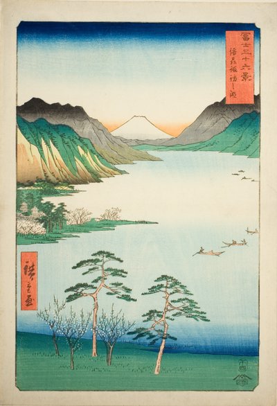 Lago Suwa nella provincia di Shinano, dalla serie "Trentasei vedute del Monte Fuji" da Utagawa Hiroshige