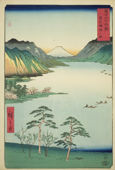 Lago Suwa nella provincia di Shinano, dalla serie "Trentasei vedute del Monte Fuji" da Utagawa Hiroshige