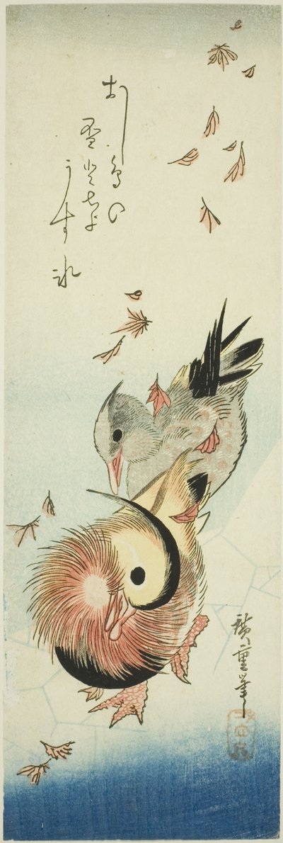 Anatre Mandarine che Attraversano uno Stagno Ghiacciato tra Foglie Cadenti da Utagawa Hiroshige