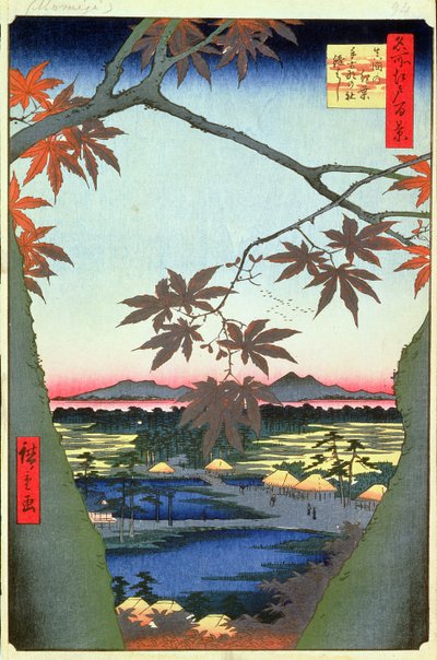 Alberi di acero a Mam, Santuario Tekona e Ponte collegato, tavola 94 dalla serie Cento vedute di Edo, Periodo Edo, Era Ansei, 1857 da Utagawa Hiroshige