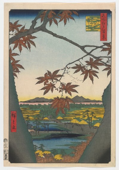 Alberi di acero a Mama, Santuario di Tekona e Ponte collegato, periodo Edo, 1857 da Utagawa Hiroshige
