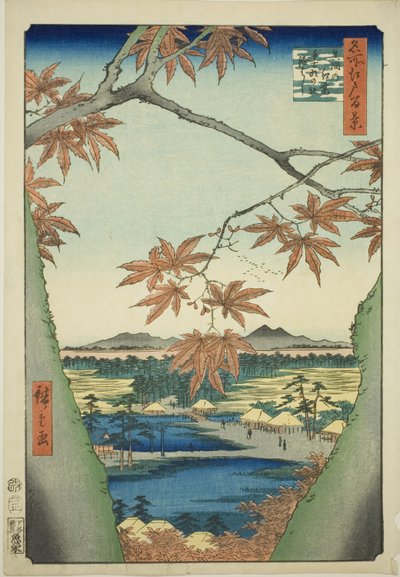Alberi di Acero a Mama, Santuario Tekona e Ponte Tsugi, dalla serie "Cento Vedute Famose di Edo" da Utagawa Hiroshige