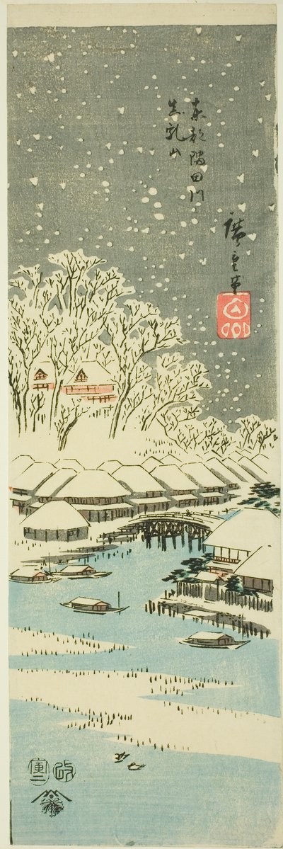 Collina di Matsuchi vista dal fiume Sumida nella Capitale Orientale, da una serie senza titolo di vedute delle province da Utagawa Hiroshige