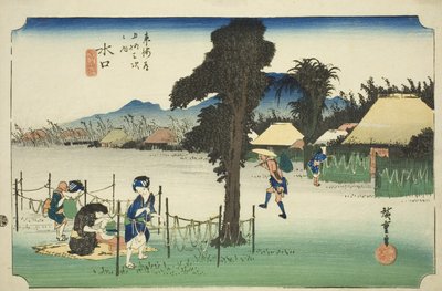 Minakuchi: Scaglie di zucca essiccata, una specialità locale (Minakuchi, meibutsu kanpyo), dalla serie "Le cinquantatré stazioni del Tokaido (Tokaido gojusan tsugi no uchi)," anche conosciuta come Hoeido Tokaido da Utagawa Hiroshige