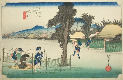 Minakuchi: Trucioli di zucca essiccati, una specialità locale, dalla serie "Le cinquantatré stazioni del Tokaido" da Utagawa Hiroshige