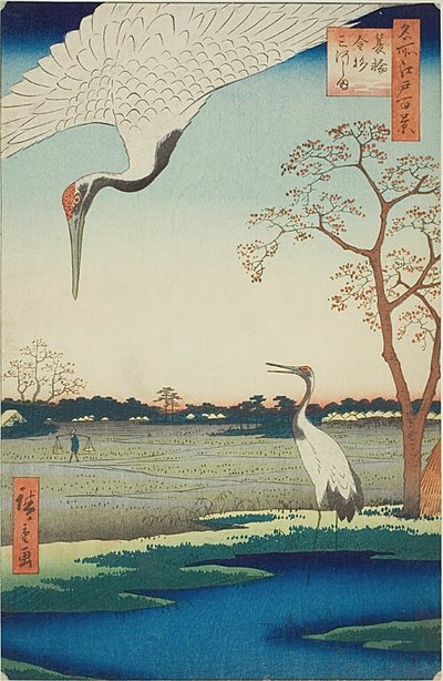 Minowa, Kanasugi, Mikawashima, n. 102 della serie "Cento vedute famose di Edo (Meisho Edo hyakkei)". da Utagawa Hiroshige
