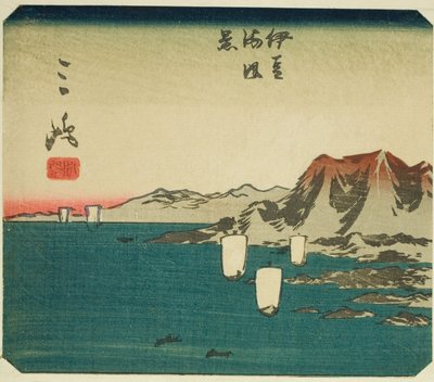 Mishima, sezione del foglio n. 3 dalla serie "Immagini ritagliate del Tokaido (Tokaido harimaze zue)" da Utagawa Hiroshige