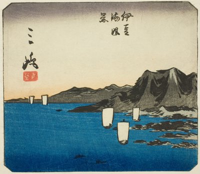 Mishima, sezione del foglio n. 3 dalla serie "Immagini ritagliate del Tokaido (Tokaido harimaze zue)" da Utagawa Hiroshige