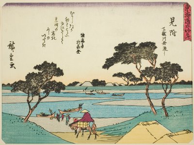 Mitsuke: Traghetto che attraversa il fiume Tenryu (Mitsuke, Tenryugawa funawatashi), dalla serie "Le cinquantatré stazioni del Tokaido (Tokaido gojusan tsugi)", noto anche come il Tokaido con poesia (Kyoka iri Tokaido) da Utagawa Hiroshige