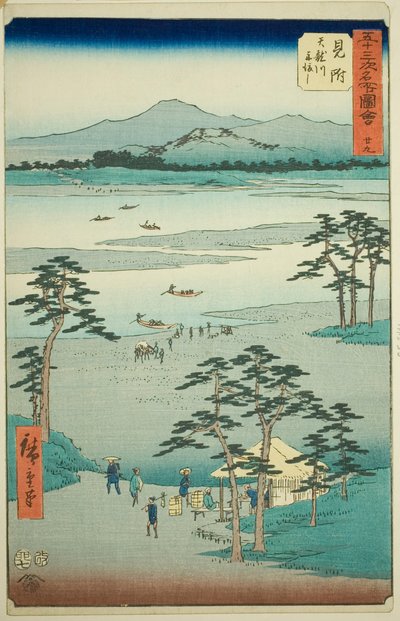Mitsuke: Traghetto sul fiume Tenryu (Mitsuke, Tenryugawa funewatashi), n. 29 dalla serie "Luoghi famosi delle cinquantatré stazioni (Gojusan tsugi meisho zue)," noto anche come il Tokaido verticale da Utagawa Hiroshige