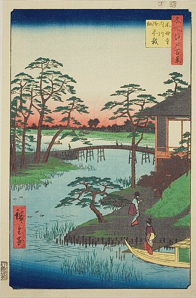 Tempio di Mokubo, insenatura di Uchigawa, Gozensaihata (Mokuboji Uchigawa Gozensaihata), n. 92 della serie "Cento vedute famose di Edo (Meisho Edo hyakkei)". da Utagawa Hiroshige