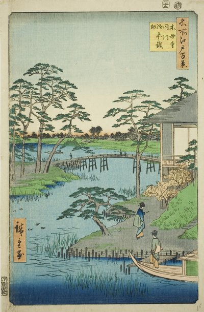 Tempio Mokubo, Ingresso Uchigawa e Gozensaihata, dalla serie "Cento famosi vedute di Edo" da Utagawa Hiroshige