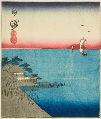 Mercato mattutino al ponte Nihon, sezione di un foglio dalla serie "Ritagli di luoghi famosi di Edo" da Utagawa Hiroshige