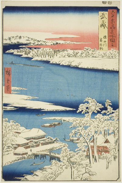 Provincia di Musashi: Mattina dopo la neve sul fiume Sumida (Musashi, Sumidagawa yuki no ashita), dalla serie "Luoghi famosi nelle sessanta e più province (Rokujuyoshu meisho zue)" da Utagawa Hiroshige