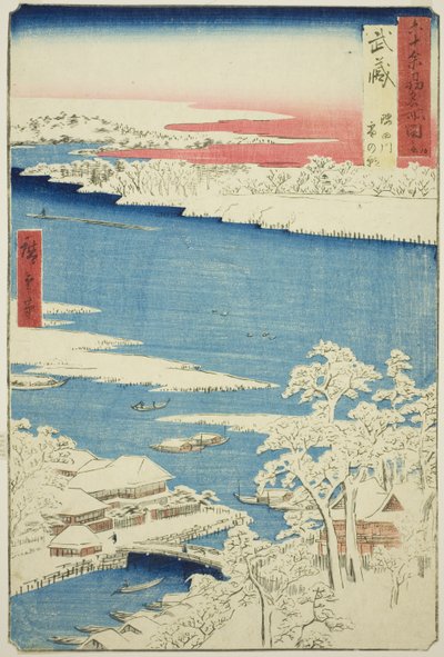 Provincia di Musashi: Mattina dopo la Neve sul Fiume Sumida (Musashi, Sumidagawa yuki no ashita), dalla serie "Luoghi Famosi nelle Sessanta e Più Province (Rokujuyoshu meisho zue)" da Utagawa Hiroshige