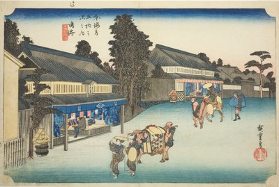 Narumi: Famosi tessuti tie-dye di Arimatsu (Narumi, meibutsu Arimatsu shibori), dalla serie "Le cinquantatré stazioni del Tokaido (Tokaido gojusan tsugi no uchi)," anche conosciuta come Hoeido Tokaido da Utagawa Hiroshige