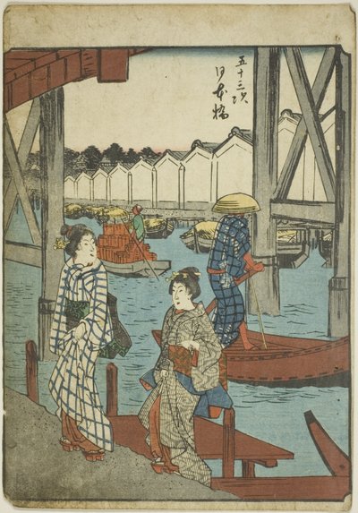 Ponte Nihon (Nihonbashi), dalla serie "Le cinquantatré stazioni [del Tokaido] (Gojusan tsugi)," noto anche come il Tokaido delle figure (Jinbutsu Tokaido) da Utagawa Hiroshige