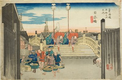 Ponte Nihon: Scena mattutina (Nihonbashi, asa no kei), dalla serie "Le cinquantatré stazioni della strada del Tokaido (Tokaido gojusan tsugi no uchi)", noto anche come Hoeido Tokaido da Utagawa Hiroshige