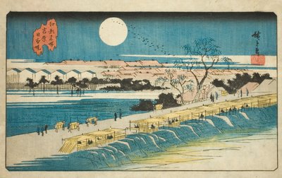 Argine Nihon vicino a Yoshiwara (Yoshiwara Nihon-zutsumi), dalla serie "Luoghi famosi di Edo (Koto meisho)" da Utagawa Hiroshige