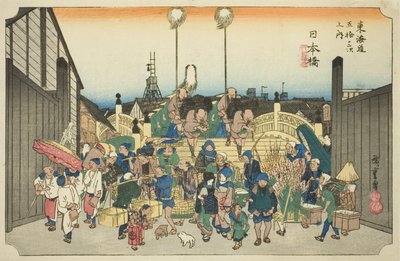 Nihonbashi: Processione in partenza (Nihonbashi, gyoretsu furidashi), dalla serie "Le cinquantatré stazioni della strada Tokaido (Tokaido gojusan tsugi no uchi)", anche conosciuta come la Tokaido di Hoeido da Utagawa Hiroshige