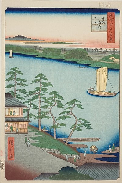 Traghetto di Niijuku (Niijuku no watashi), n. 93 della serie "Cento vedute famose di Edo (Meisho Edo hyakkei)". da Utagawa Hiroshige