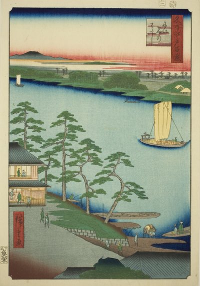 Traghetto di Niijuku (Niijuku no watashi), dalla serie "Cento Vedute Famose di Edo (Meisho Edo hyakkei)" da Utagawa Hiroshige