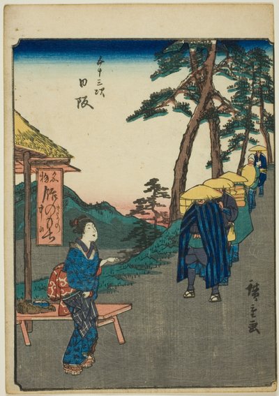 Nissaka, dalla serie "Le cinquantatré stazioni [del Tokaido] (Gojusan tsugi)," conosciuta anche come il Tokaido delle figure (Jinbutsu Tokaido) da Utagawa Hiroshige