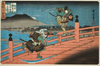 No. 9: Ushiwakamaru Sconfigge Musashibo Benkei al Ponte Gojo, dalla serie "La Vita di Yoshitsune" da Utagawa Hiroshige