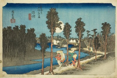 Numazu—Crepuscolo (Numazu—tasogare zu), dalla serie Le cinquantatré stazioni della strada Tōkaidō (Tōkaidō gojūsan tsugi no uchi) da Utagawa Hiroshige