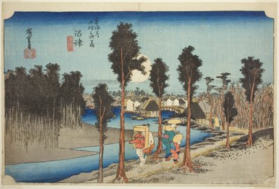 Numazu: Crepuscolo (Numazu, tasogare zu), dalla serie "Le Cinquantatré Stazioni della Strada del Tokaido (Tokaido gojusan tsugi no uchi)," conosciuta anche come il Tokaido di Hoeido da Utagawa Hiroshige