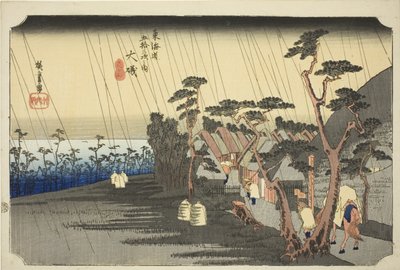 Oiso: La pioggia di Tora (Oiso, Tora ga ame), dalla serie "Cinquantatré stazioni della strada Tokaido (Tokaido gojusan tsugi no uchi)", nota anche come Hoeido Tokaido. da Utagawa Hiroshige