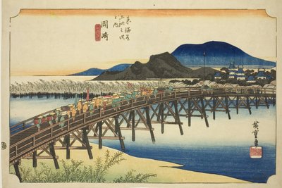 Okazaki: Ponte Yahagi (Okazaki, Yahagi no hashi), dalla serie "Le cinquantatré stazioni del Tokaido (Tokaido gojusan tsugi no uchi)," noto anche come il Tokaido di Hoeido da Utagawa Hiroshige