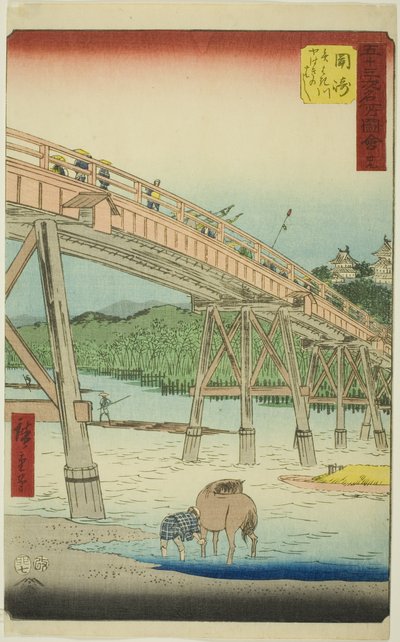 Okazaki: Ponte Yahagi sul fiume Yahagi (Okazaki, Yahagigawa Yahagi no hashi), n. 39 dalla serie "Luoghi famosi delle cinquantatré stazioni (Gojusan tsugi meisho zue)", noto anche come il Tokaido verticale da Utagawa Hiroshige